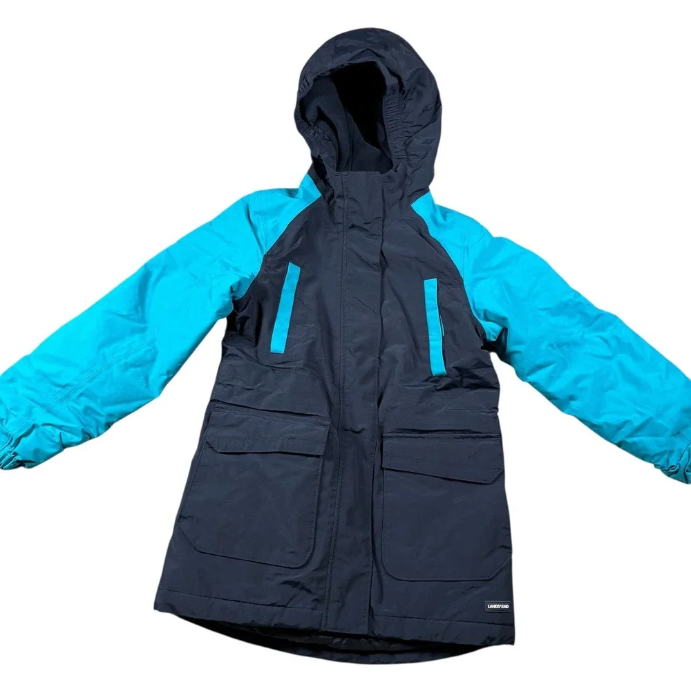 Lands End Kids‎ Winter Jacket Sz S 7-8 Blue Hooded Waterproof Ski Snow Warm